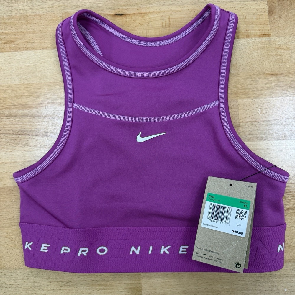 Nike Girls Pro Swoosh Sports Bra High Neck High Support XL 18-20 Magenta IF0306